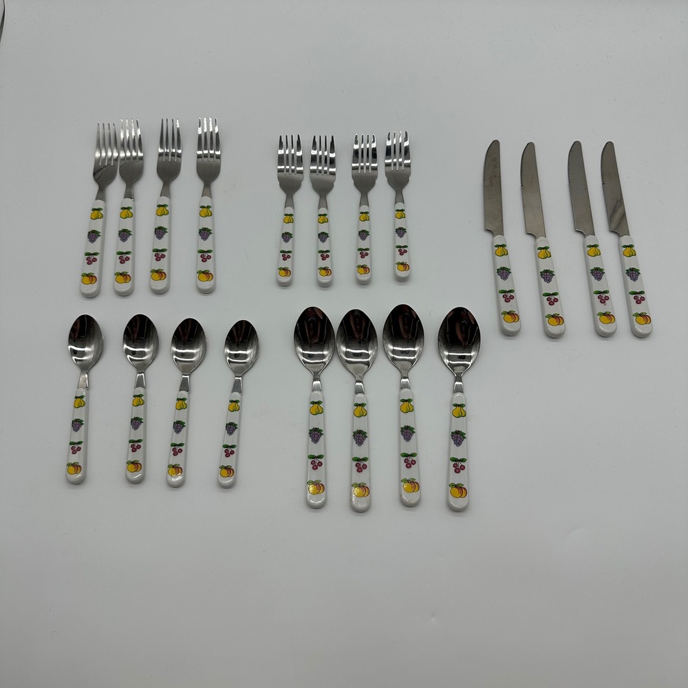 VTG Fruit Handle Flatware Set 20pc Service for 4 Stainless Japan plastic Handles